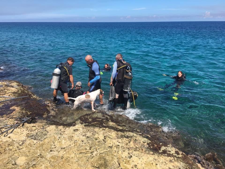 Divers entering the water from the rocky shoreline at the Damuji wreck in Cuba